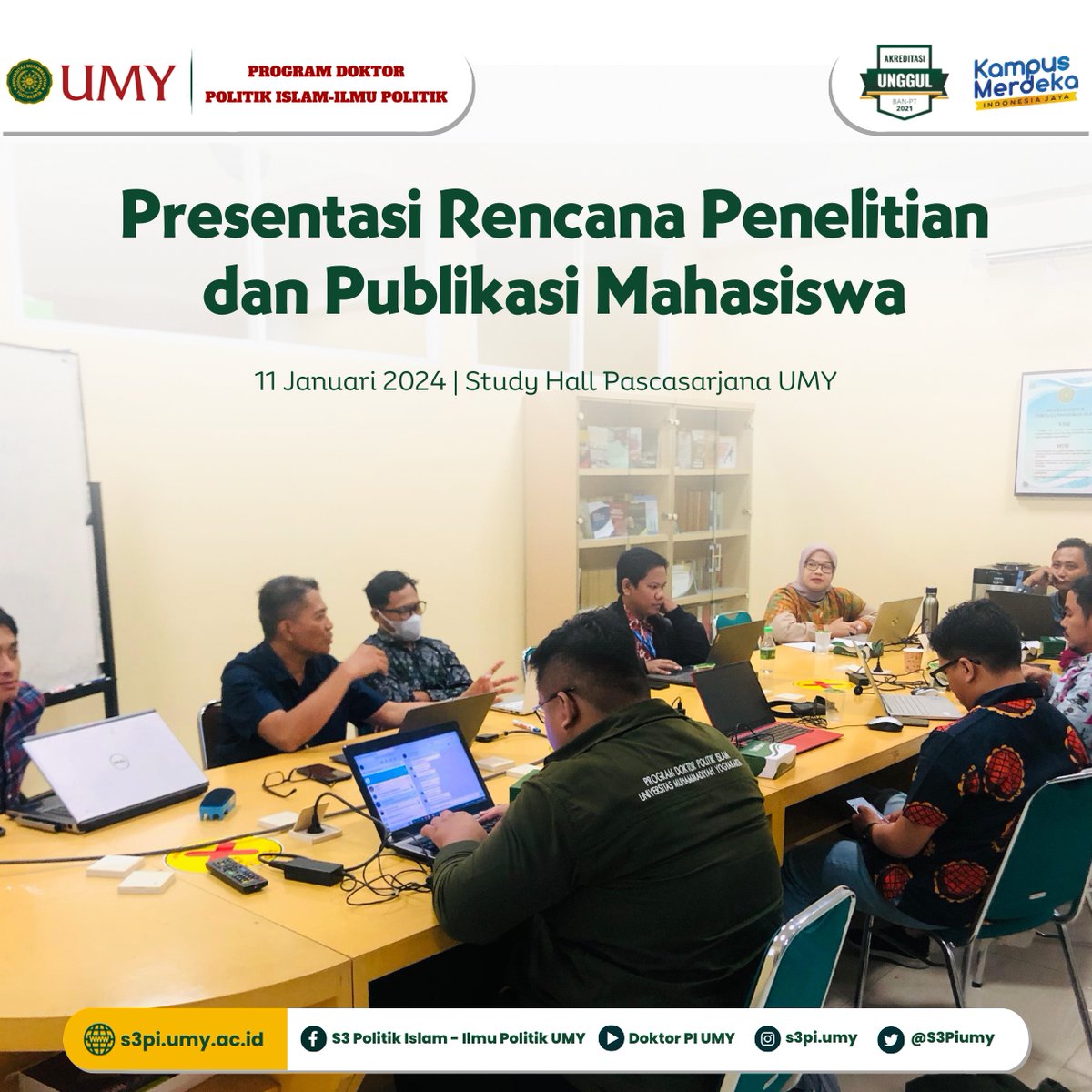 S3Piumy's tweet photo. Yogyakarta, 11 Januari 2024 – Mahasiswa Program Doktor Politik Islam Universitas Muhammadiyah Yogyakarta (UMY) menyelenggarakan presentasi rencana penelitian dan publikasi mahasiswa di Study Hall Pascasarjana UMY. Bacaselengkapnya: https://t.co/7vr80pfDNn https://t.co/V8bddjYkjy