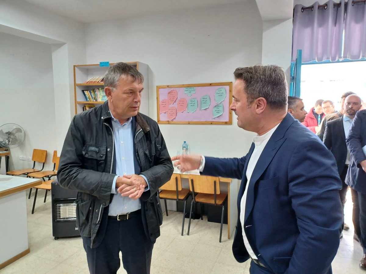 Xavier_Bettel's tweet photo. In Palestine, I visited the Amari refugee camp where I was briefed by @UNLazzarini on the catastrophic humanitarian situation in Gaza. I expressed my deep gratitude to @UNRWA, the backbone of the humanitarian response in Gaza. 🇱🇺 will continue its support to the agency. https://t.co/mfyTJS1PhW