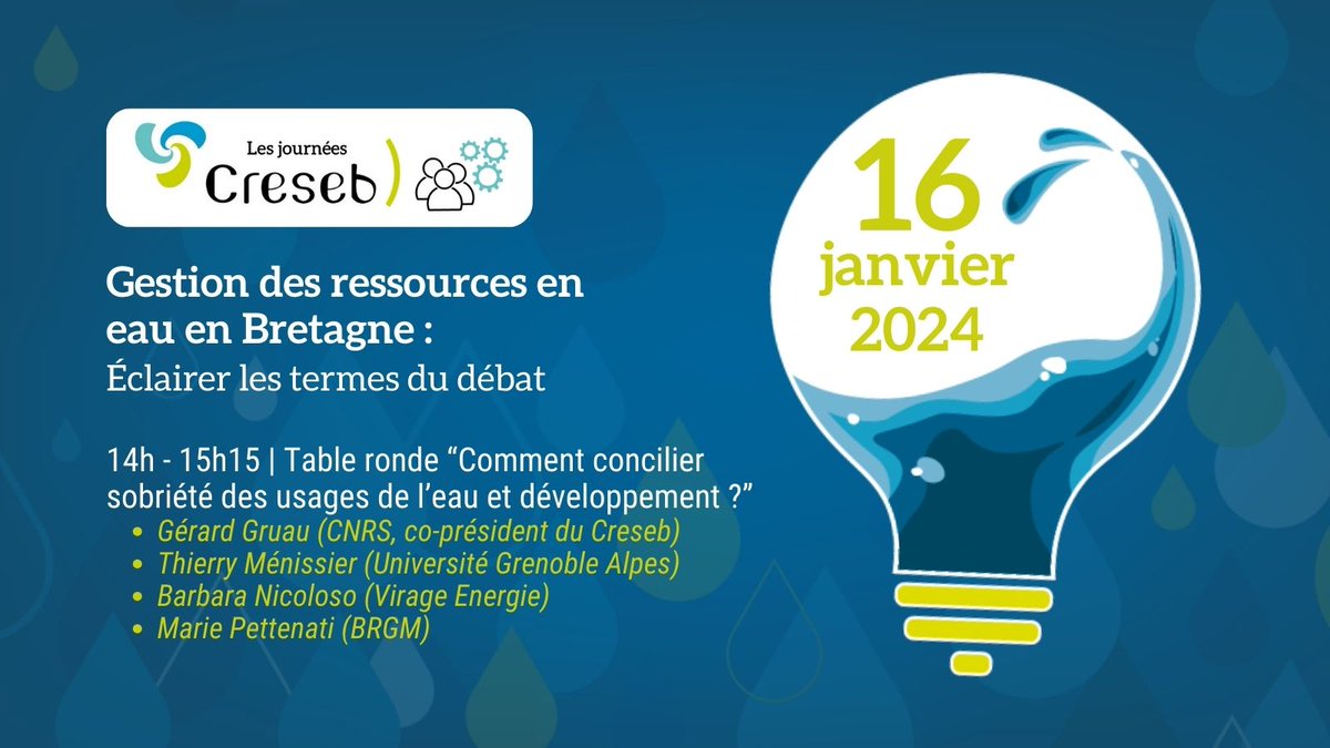 [💬#JourneeCreseb2024]
📆J-5 | De 14h à 15h15, RDV pour la table ronde “Comment concilier sobriété des usages de l’#eau et #developpement ?”
🔎G.Gruau (<a href="/CNRS/">CNRS 🌍</a>, Creseb), T.Ménissier (<a href="/ugrenoblealpes/">Université Grenoble Alpes</a>), B.Nicoloso (<a href="/virageenergie/">Virage Energie</a>) &amp; M.Pettenati (<a href="/BRGM_fr/">BRGM</a>)
👉lyyti.in/Journee_Creseb…