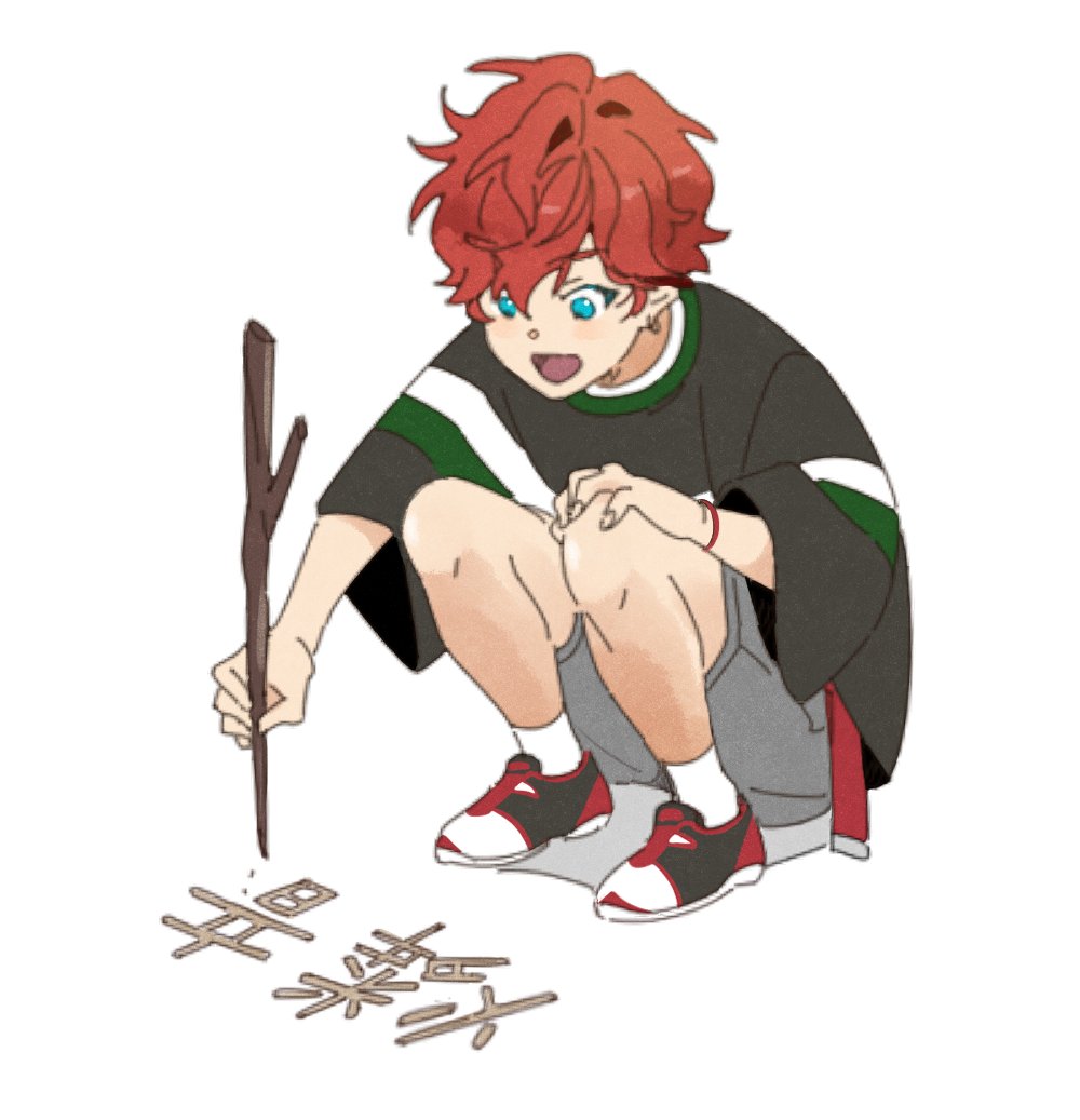 1boy male focus stick squatting shorts solo red hair  illustration images