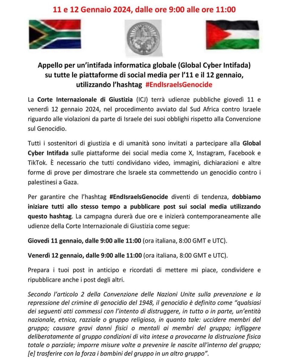 AngiGarofalo's tweet photo. 11 e  12 gennaio tra le ore 09.00 e le ore 11.00, fai un post con l’hashtag #EndIsraelsGenocide.  La campagna digitale durerà due ore in contemporanea alle udienze della Corte Internazionale di Giustizia nel procedimento sulle violazioni di Israele alla Convenzione sul Genocidio https://t.co/xurSEdb6ku
