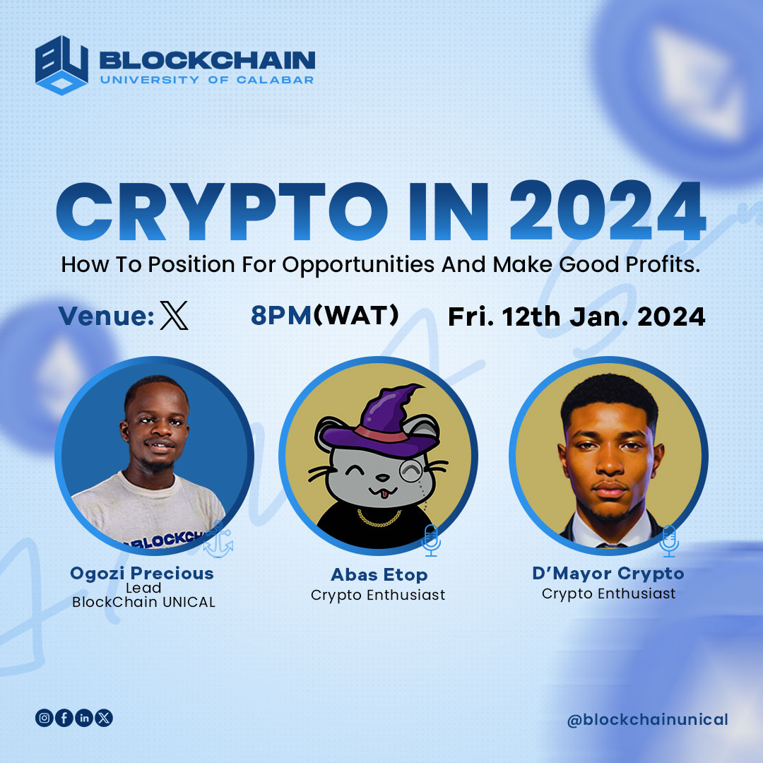 Join Us For Our First X Space of the Year as we Unravel "𝐂𝐫𝐲𝐩𝐭𝐨 𝐢𝐧 𝟐𝟎𝟐𝟒" How to Position for Opportunities and Make Good Profits.

We'd be having  <a href="/abasetop/">ABAS Wikeria $GAME</a> and <a href="/mayor_krypt/">Mayor Krypt || 0xDMK ∞💥</a>      give us Insights and Share Alphas!⚡

Date: Friday, 12th January 2024
Time: 8:00PM (WAT)