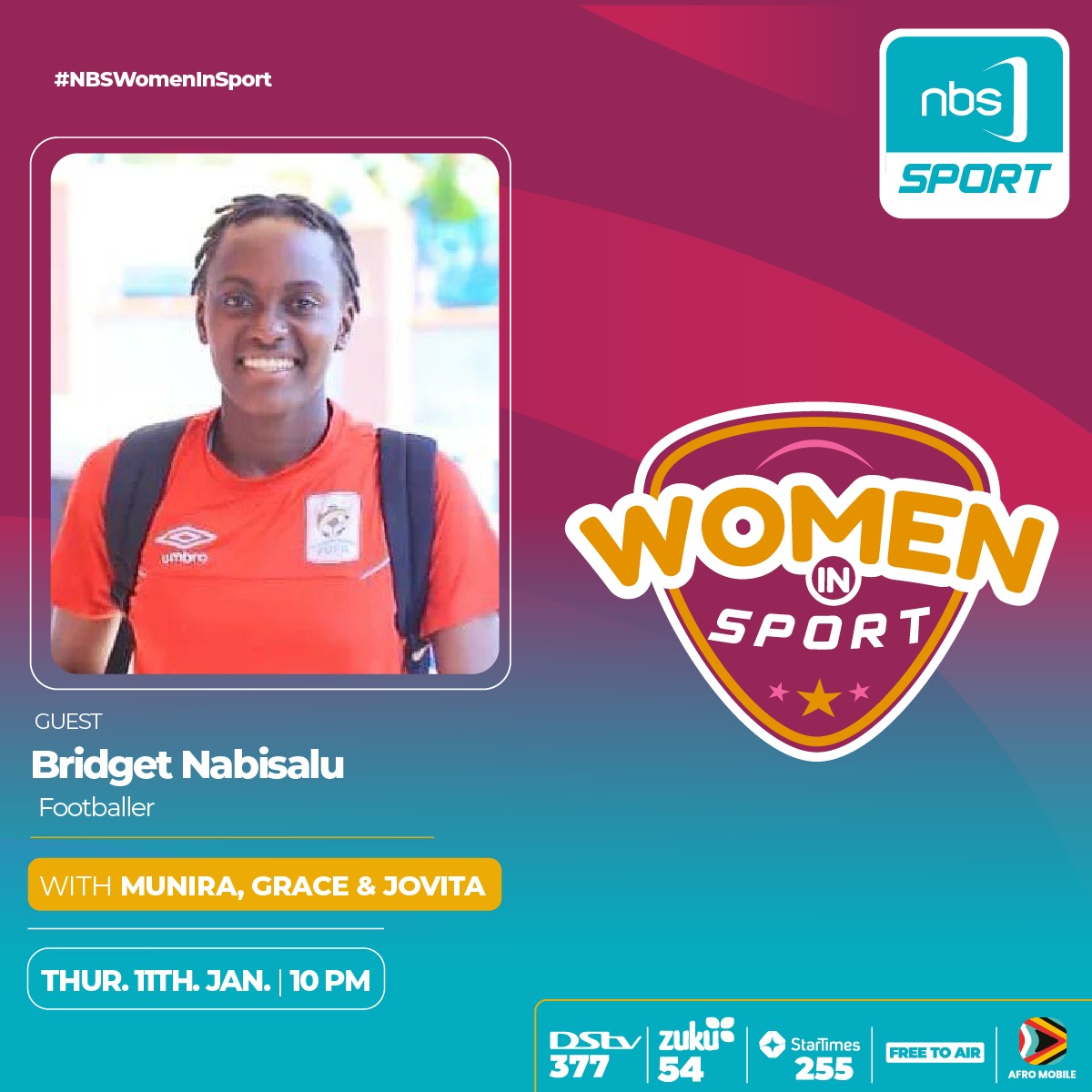 This evening, Bridget Nabisalu, the former assistant captain of the @CrestedCranes, will be featured as our guest on the #NBSWomenInSport show starting at 10 pm.

@munirajbux | @JovitaMusimenta | @gracelmbabazi 

#NBSportUpdates