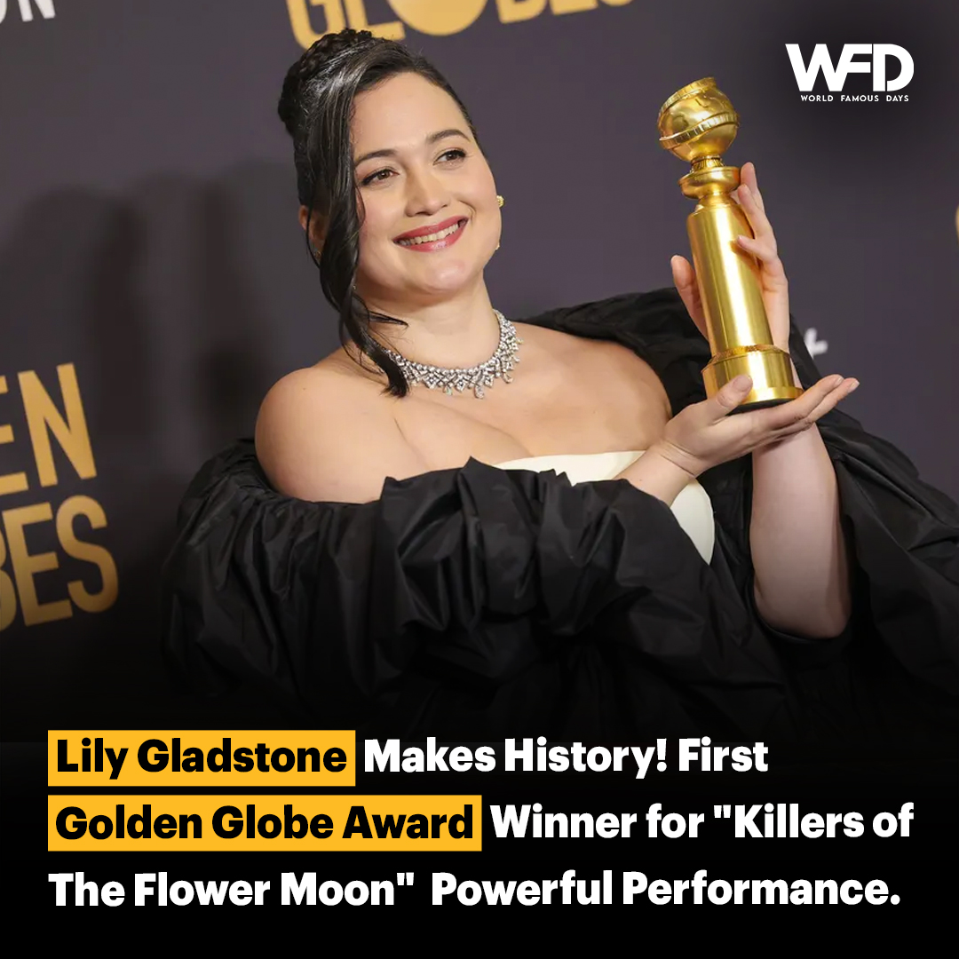 worldfamousdays's tweet photo. Lily Gladstone just made HISTORY!

First Native American actress to win a Golden Globe! 

Her performance in "Killers of the Flower Moon" is unforgettable!

See it &amp; celebrate this groundbreaking moment!

#GoldenGlobes #NativeExcellence #RepresentationMatters #MustWatch https://t.co/K6uIEFv05b