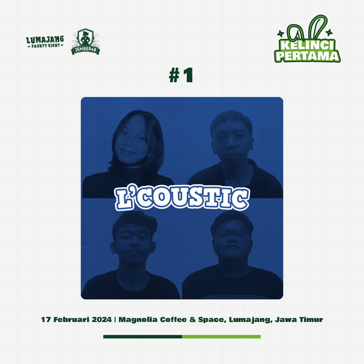 48Lumajang's tweet photo. Halo semuanya!

Tidak perlu berlama lagi, inilah dia performer pertama di acara "Kelinci Pertama".

L'COUSTIC
Sebuah grup akustik dari 48Lumajang yang akan siap mengajak kalian semua bernyanyi bersama!💙

Penasaran dengan performer selanjutnya? Stay tune!🙌✨ https://t.co/i26KMZiox2
