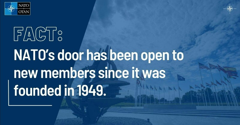 NATOpress's tweet photo. ❌ MYTH: #NATO promised #Russia it would not expand after the Cold War.

✅ FACT: Such an agreement was never made. NATO’s door has been open to new members since it was founded in 1949.

Check out 🇷🇺 myths about NATO ⤵️