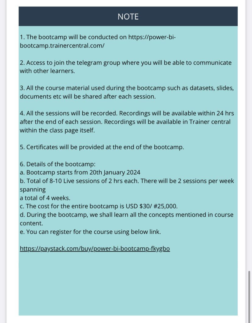 Rita_tyna's tweet image. Start a career in tech this 2024!

Learn how to use Power BI for Data Analysis- It’s beginner friendly and all classes are recorded!

You also get a chance to be a part of a community where you can build portfolio worthy projects!

Register here: paystack.com/buy/power-bi-b…