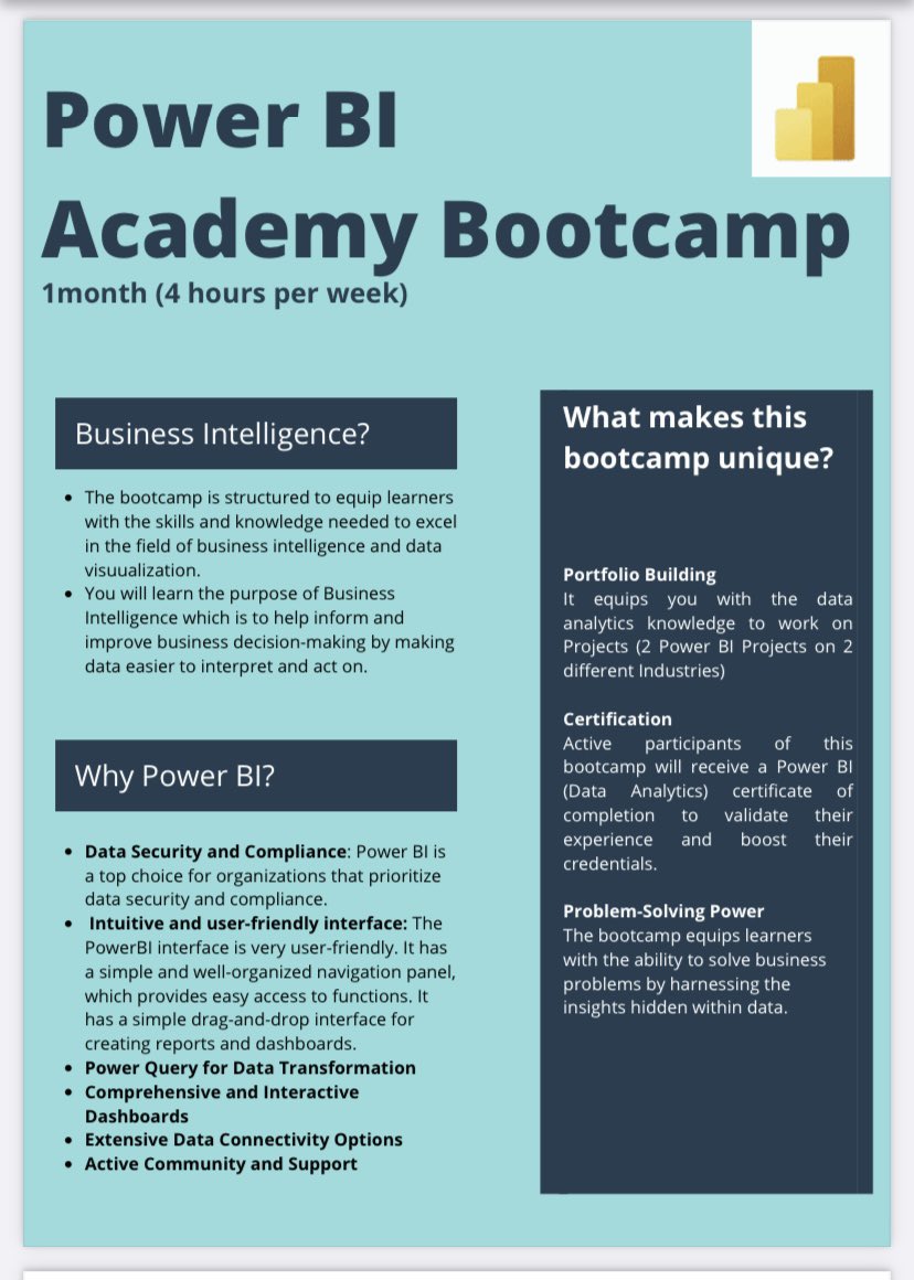 Rita_tyna's tweet image. Start a career in tech this 2024!

Learn how to use Power BI for Data Analysis- It’s beginner friendly and all classes are recorded!

You also get a chance to be a part of a community where you can build portfolio worthy projects!

Register here: paystack.com/buy/power-bi-b…
