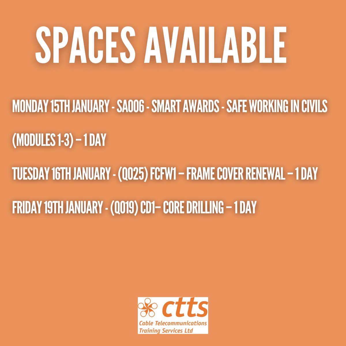 🚨 NEXT WEEK AVAILABILITY 👷‍♂️

Get in touch today! 📨☎

If the course you need isn't listed, get in touch to see what we can offer!

➡ cable-training.co.uk

☎ 01522 880900

📨 admin@cable-training.co.uk

#telecoms #telecomstraining #safeworking #CTTS #civilstraining