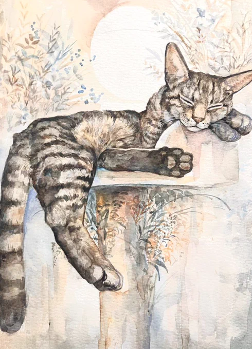 透明水彩で描いた猫 #watercolor
