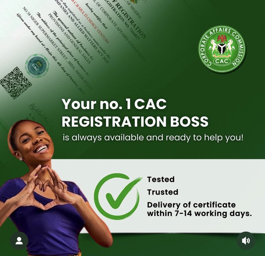 BuleiMiddy's tweet photo. CAC Registration!!!
Business Registration for just 25k!!!

You get all these for 25k;
-CAC Certificate
-TIN Certificate
-SMEDAN Certificate

Delivery date: 7-14days

I also register Companies, NGOs, Clubs and the likes, kindly send DM for more information.

Repost for me pls🙏🏽 https://t.co/xa7BDnZYii