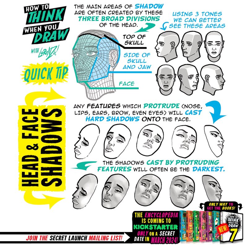 EtheringtonBros's tweet photo. HEAD and FACE SHADOWS from the How to THINK When You Draw ENCYCLOPEDIA - the world’s ONLY encyclopedia of drawing tutorials, posted up FREE for EVERYONE, FOREVER, with NEW &amp; CLASSIC tutorials coming up EVERY DAY right here :)
#gamedev #manga #conceptart #illustration https://t.co/mt1BN9k7DH