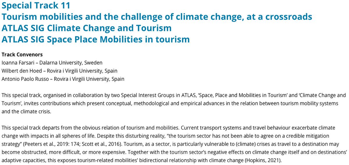 'Tourism mobilities and the challenge of climate change, at a crossroads' - is our Special Track at @tourism_atlas 2024, organised by @bredauas. Please consider submitting your abstract via atlas-euro.org/2024-6-breda/ BEFORE 15 JANUARY