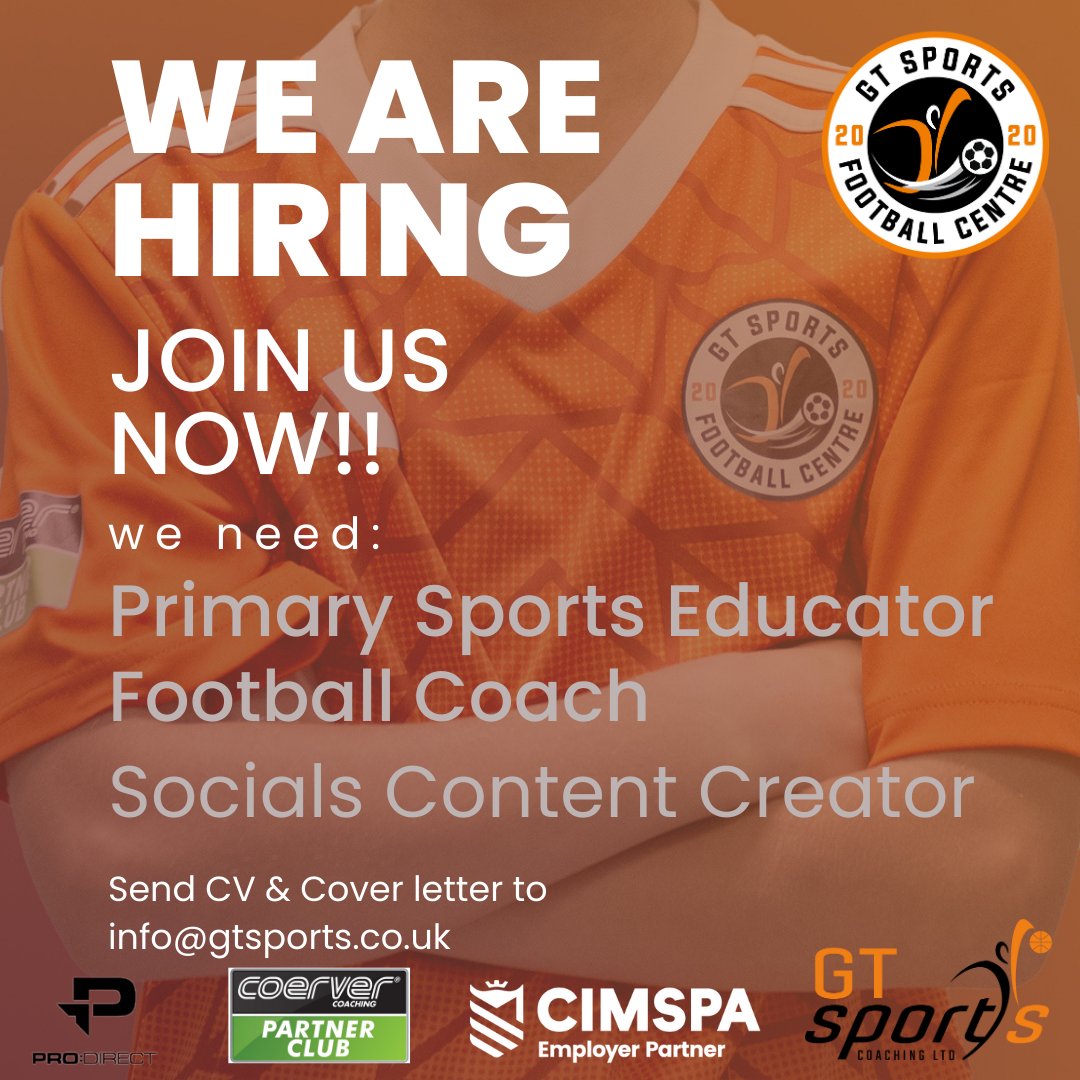 Due to continued growth and developments within our business, we now have 3 opportunities available within GT Sports.

Primary Sports Educator
Football Coach
Social Media Content Creator

For more information &amp; to apply with CV &amp; cover letter, please contact info@gtsports.co.uk