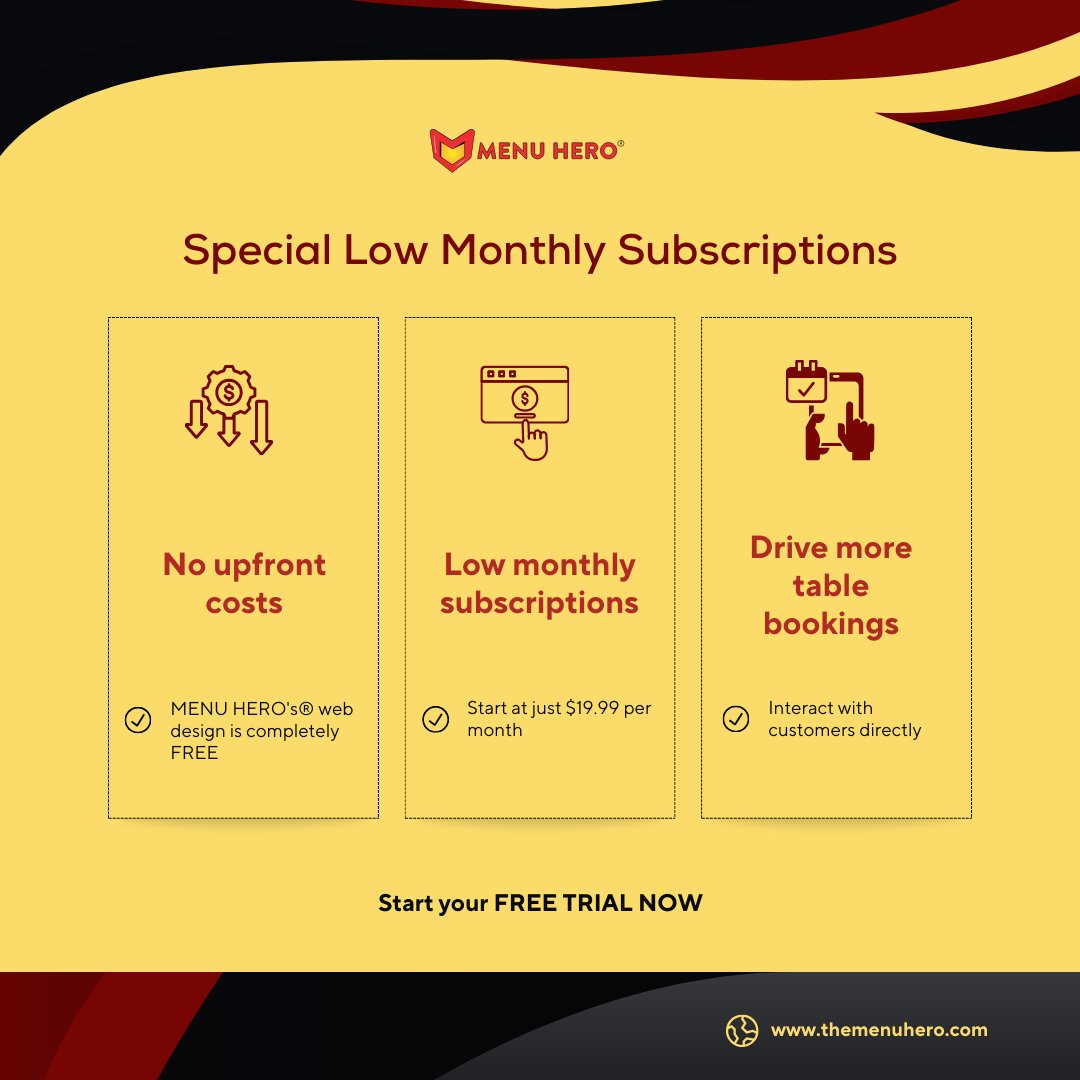 The_MenuHero's tweet image. MENU HERO's® web design is on us! Special low monthly subscriptions starting at $19.99.
Start your FREE TRIAL now.
#FreeWebDesign #MenuHeroFreeTrial