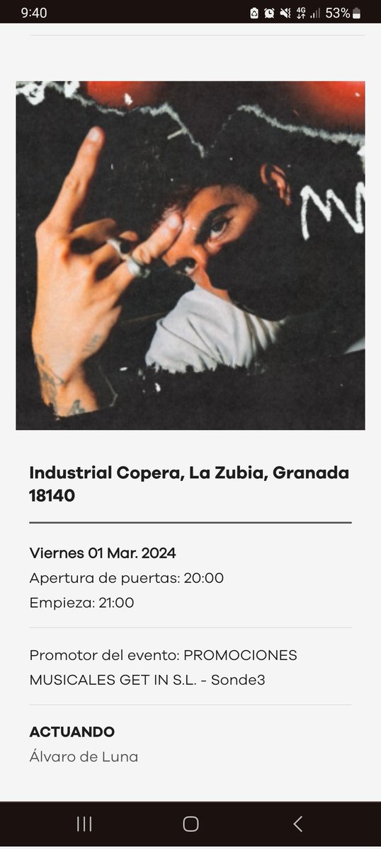 mmiriamgp_'s tweet photo. Vendo 2 entradas para el concierto de Álvaro de Luna en Granada El 1 de marzo!!!!! https://t.co/vLvZc9YITK