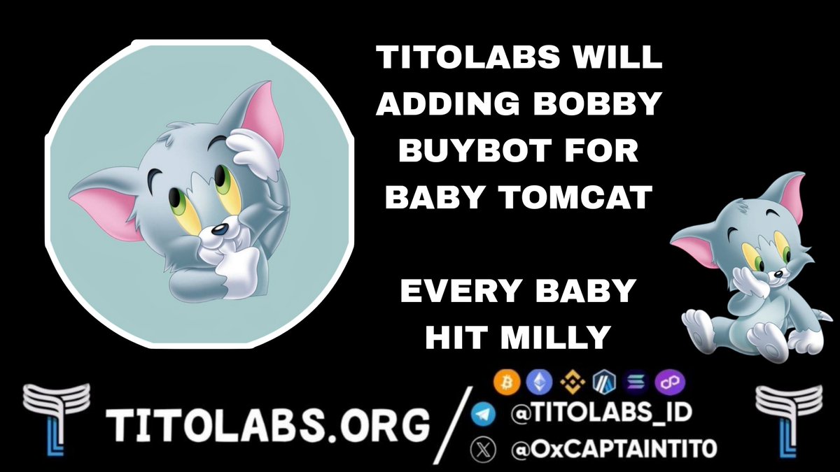 0xCaptainTit0's tweet photo. We will adding Bobby buybot in https://t.co/7vBDjj2bmP

Remember every baby Now hit million MARKETCAP

#babytomcat #babytomcat #bsc #catyear https://t.co/5S8bqbg071