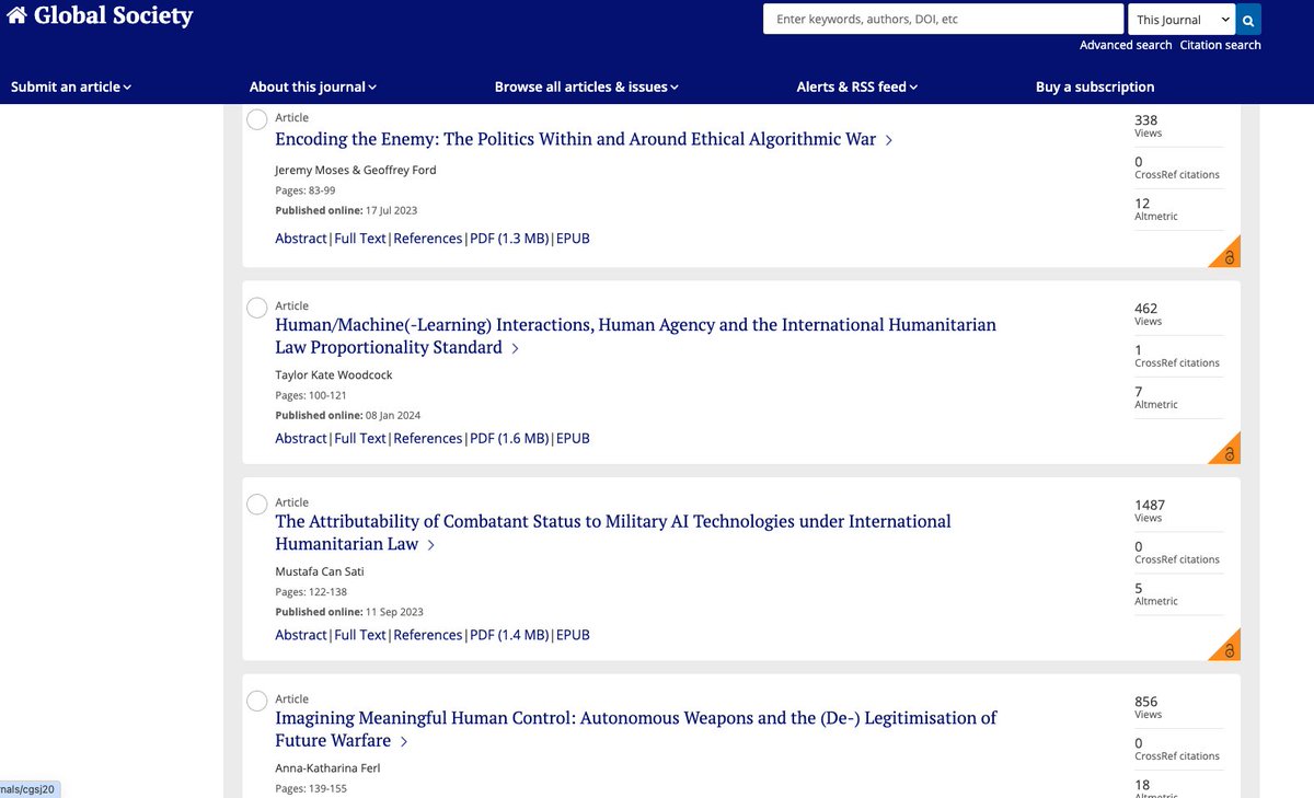 The special issue I co-edited w/@IngvildBode is out @GloblSociety ! It features 9 papers by contributors with proven track records on various aspects of military AI (strategic stability; ethics; law and norms; & popular imaginaries). Grateful to have this guest editor experience!