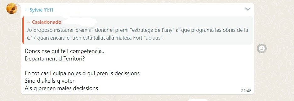 __heellenn's tweet photo. El grup de Whats App de l'E12 és com estar a un Telegram del CDR amb l'únic requisit d'entrada de superar els 52 anys d'experiència vital. Joves, aquest és l'exemple d'organització revolucionària. https://t.co/BcdBcxMtuI