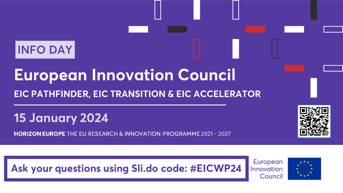 Countdown to the #EUeic Work Programme 2024 Info Day! 🚀

Have questions? 🤔Submit them now on Sli.do using code #EICWP24.

We will be covering all 3 funding schemes plus additional EIC services. Check out the FAQ page &amp; learn more here 👉 europa.eu/!kcctnT
