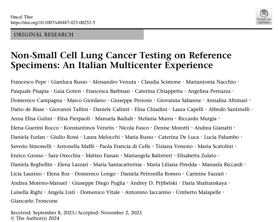 Umberto Malapelle (@umbertomalapel1) on Twitter photo Proud to share the results coming from a Big network of friends and collegues working togheter on NSCLC bionarker testing in Italy!
link.springer.com/article/10.100…
<a href="/gianlucar93/">Gianluca Russo</a> <a href="/MariantoniaNac1/">Mariantonia Nacchio</a> <a href="/PasqualePisapia/">Pasquale Pisapia</a> @NicolaFuscoMD <a href="/matteo_fassan/">Matteo Fassan</a> <a href="/KonVenetis/">Konstantinos Venetis</a> <a href="/4oncommunity/">4oncommunity</a> <a href="/ABiomarkers/">Biomarkers Atlas</a> Proud to share the results coming from a Big network of friends and collegues working togheter on NSCLC bionarker testing in Italy!
link.springer.com/article/10.100…
<a href="/gianlucar93/">Gianluca Russo</a> <a href="/MariantoniaNac1/">Mariantonia Nacchio</a> <a href="/PasqualePisapia/">Pasquale Pisapia</a> @NicolaFuscoMD <a href="/matteo_fassan/">Matteo Fassan</a> <a href="/KonVenetis/">Konstantinos Venetis</a> <a href="/4oncommunity/">4oncommunity</a> <a href="/ABiomarkers/">Biomarkers Atlas</a>