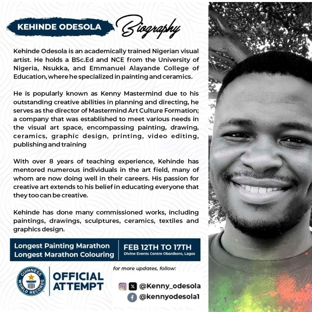 Kenny_odesola's tweet photo. FAQs - Longest Painting Marathon and Longest Time Coloring. 

1. What Guinness World Records are you attempting to break?

I am attempting to break two Guinness World Records simultaneously: the Longest Painting Marathon and the Longest Time Coloring. https://t.co/Jr1h36Pito
