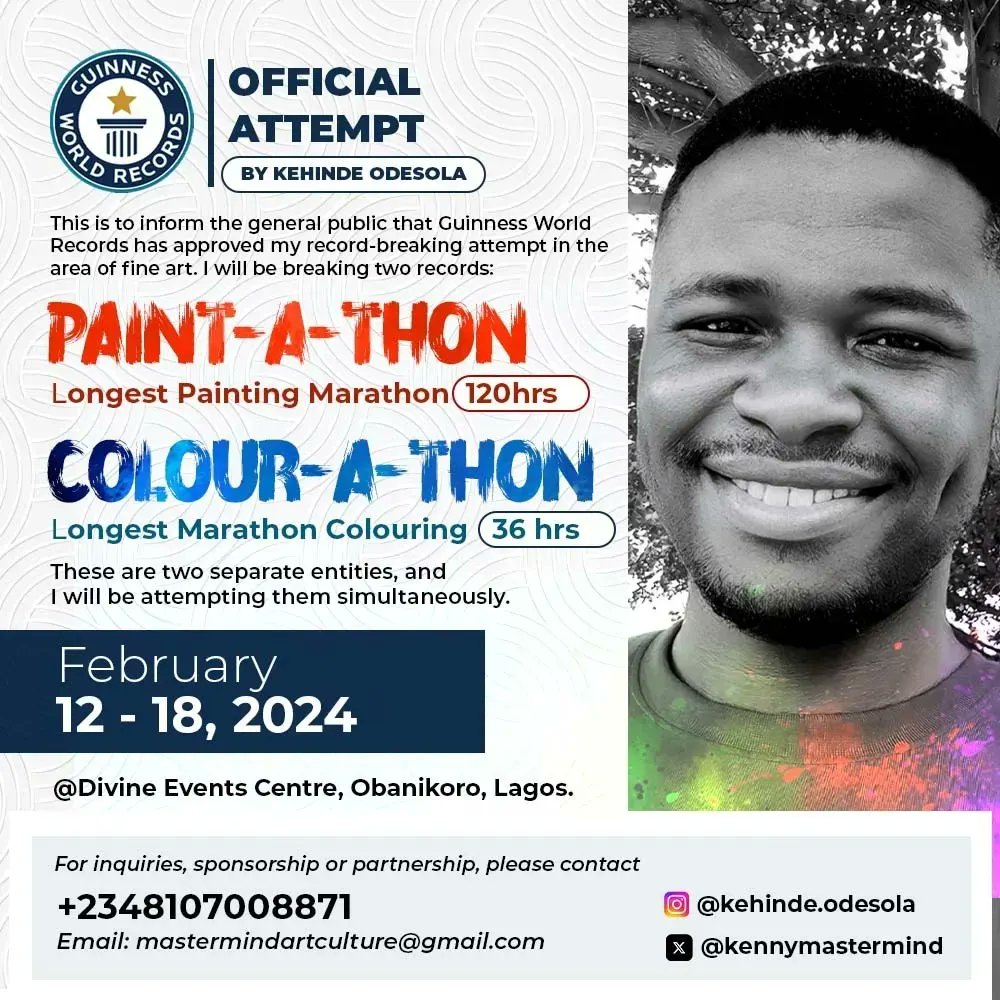 Kenny_odesola's tweet photo. FAQs - Longest Painting Marathon and Longest Time Coloring. 

1. What Guinness World Records are you attempting to break?

I am attempting to break two Guinness World Records simultaneously: the Longest Painting Marathon and the Longest Time Coloring. https://t.co/Jr1h36Pito