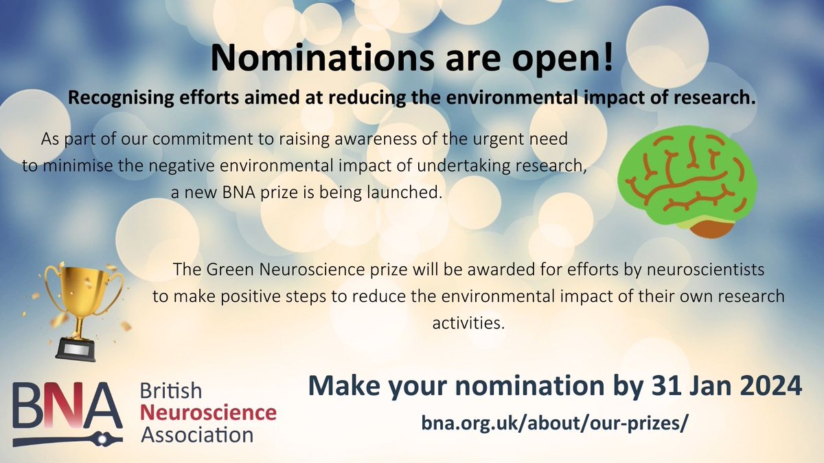 Nominations are still open for the brand-new BNA Green Neuroscience prize! The prize will be awarded for efforts by neuroscientists to make positive steps to reduce the environmental impact of their own research activities. To make your nomination visit ow.ly/5Eo650QnNlX