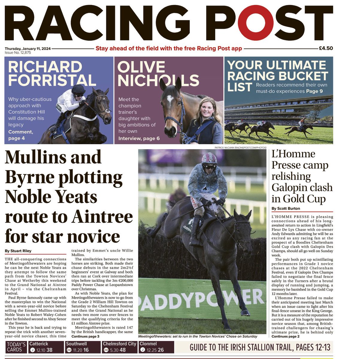 RacingPost's tweet photo. 📰 In today’s Racing Post: 

- L’Homme Presse camp relishing Galopin Des Champs clash in Gold Cup 
- Interview with Olive Nicholls
- Emmett Mullins reveals the plans for Meetingofthewaters https://t.co/wIuqo2wraS