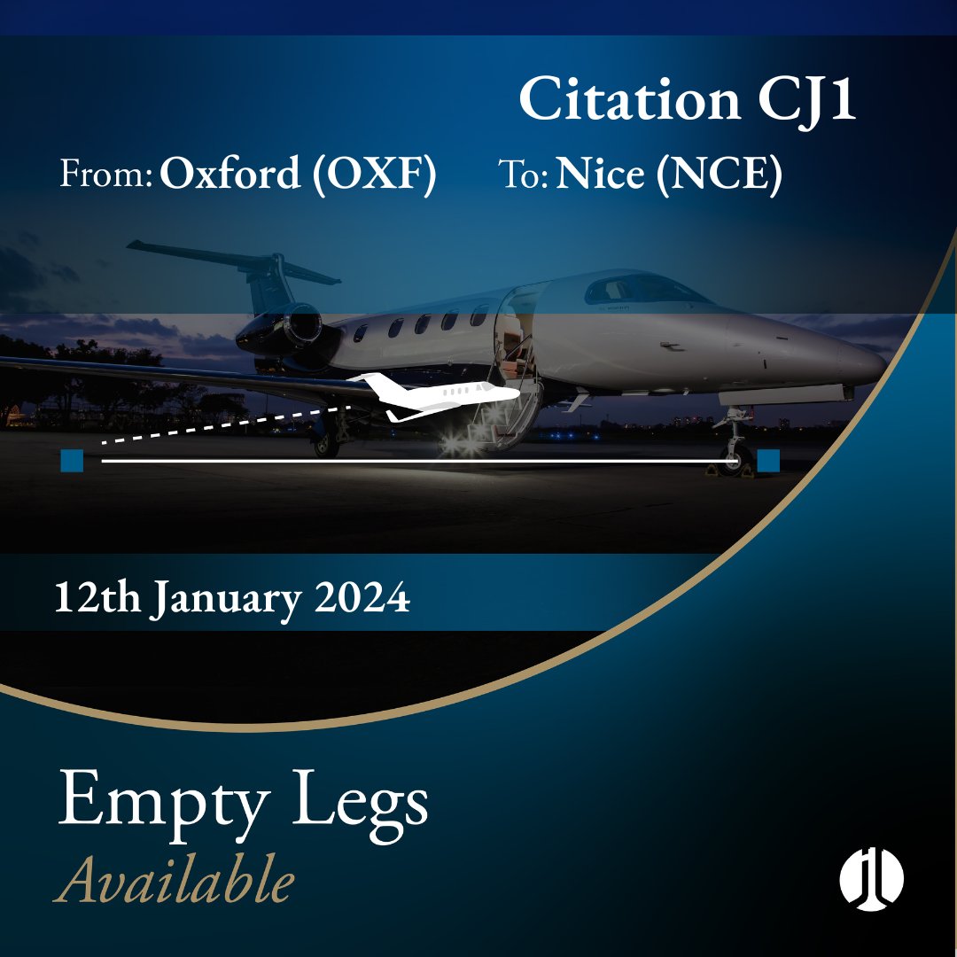 EMPTY LEG ALERT. #Oxford >>> #Nice. 12th January 2024. 5 pax. Contact @jetlogic to discuss your charter requirements. > +44 131 478 0802 > jlcharter@jetlogic.com #FlyJetlogic #EmptyLeg #PrivateJet