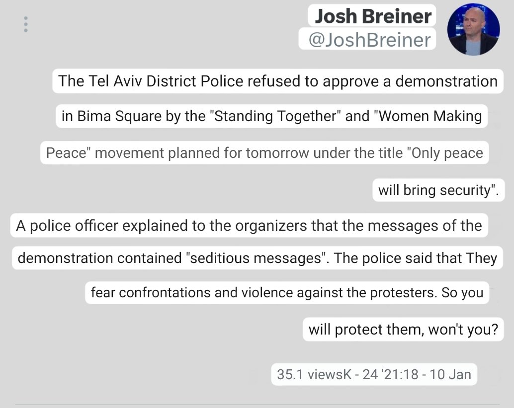 ireallyhateyou's tweet photo. A large Jewish-Arab rally, under the slogan "Only Peace Could Bring Security", was supposed to be held tonight in Tel Aviv, organized by @omdimbeyachad &amp; @WomenWagePeace . Yesterday the police announced it will not allow the demo to be held, because of "inciting messages". https://t.co/WA3WyHHWKL