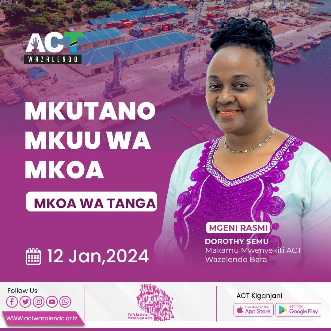 RahmaMwita's tweet photo. Makamu Mwenyekiti wa @ACTwazalendo Bara, Ndugu @SemuDorothy kesho Januari 12, 2024 atakuwa mgeni rasmi kwenye Mkutano Mkuu wa ACT Mkoa wa Tanga. Mkutano huo utachagua na kukamilisha safu ya uongozi mkoa wa Tanga.

#TaifaLaWote #MaslahiYaWote https://t.co/IkDWzDUW2T