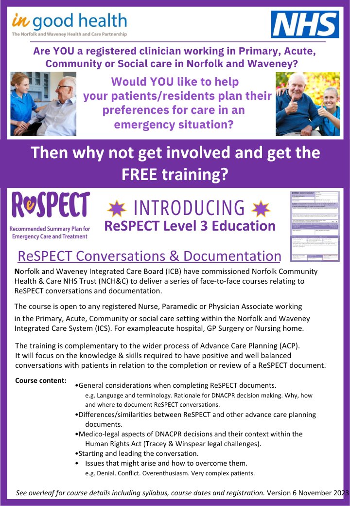 NWPCWorkforce's tweet photo. Would you like to help your patients plan their preferences for care in an emergency situation? @NCHC_NHS will be running ReSPECT training for registered Primary Care staff in Norfolk &amp; Waveney Jan-March. 
See the poster for dates.

 #ReSPECTTraining #PrimaryCare https://t.co/cGEN74KkPY