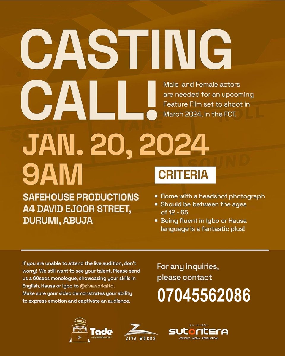 SutoriteraNG's tweet image. CASTING CALL ALERT!

Passionate about acting? Ready to shine on the big screen? Join us for auditions in FCT Abuja!
#AllDetailsAreOnTheFlyer 😁
📞 07045562086 for inquiries.

Follow @zivaworksltd &amp;amp; @tadeproductions on Instagram for updates! 😎
#ActingAudition #CastingCall