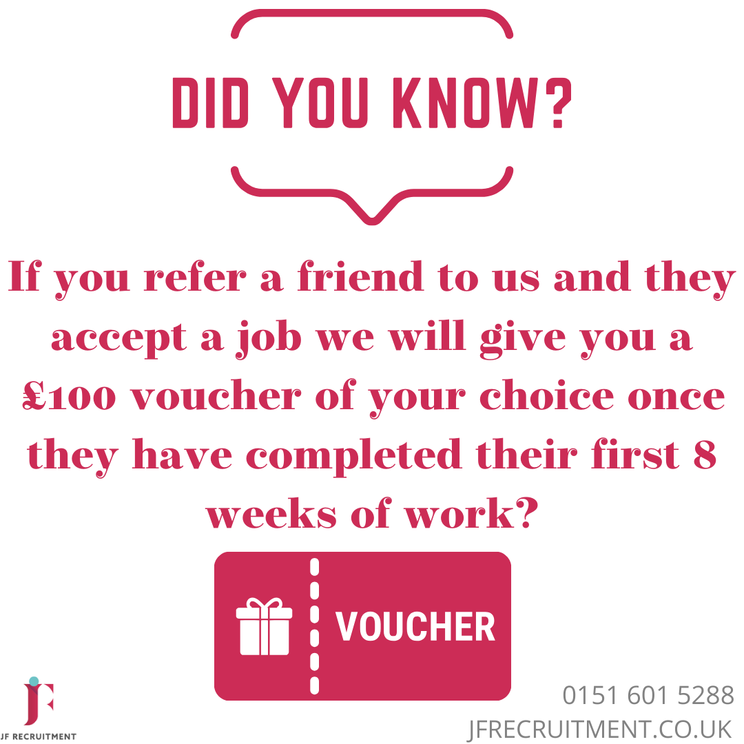 Recommend a friend and after they've worked 8 weeks contact us to receive a £100 voucher of your choice - our thanks to you! Check out our vacancy list at jfrecruitment.co.uk/jobs #jfrecruitment #newjob #newyearnewjob #recommendafriend #referralscheme #nowhiring #jobs