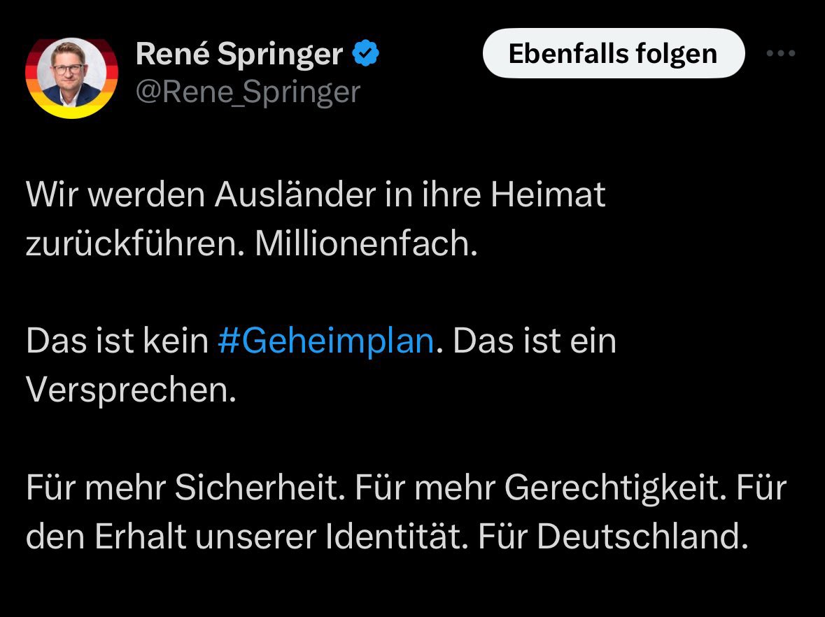 Hier bekennt sich ein Abgeordneter der #AfD offen zu faschistischen Plänen für Massendeportationen und ethnischer Säuberung. Niemand kann sagen, man hätte nicht gewusst, welche Ideologie diese Partei antreibt.