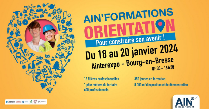Departement_AIN's tweet photo. #Orientation Que faire après le collège ou le lycée❓Rdv sur le Salon Ain’Formations Orientation #AFOR du 18 au 20/01/24 à @Ainterexpo01 #bourgenbresse #Ain✅+ de 350 métiers présentés dans 16 filières➡️https://t.co/lbmjCSDMZY https://t.co/jc6SKOEKqf