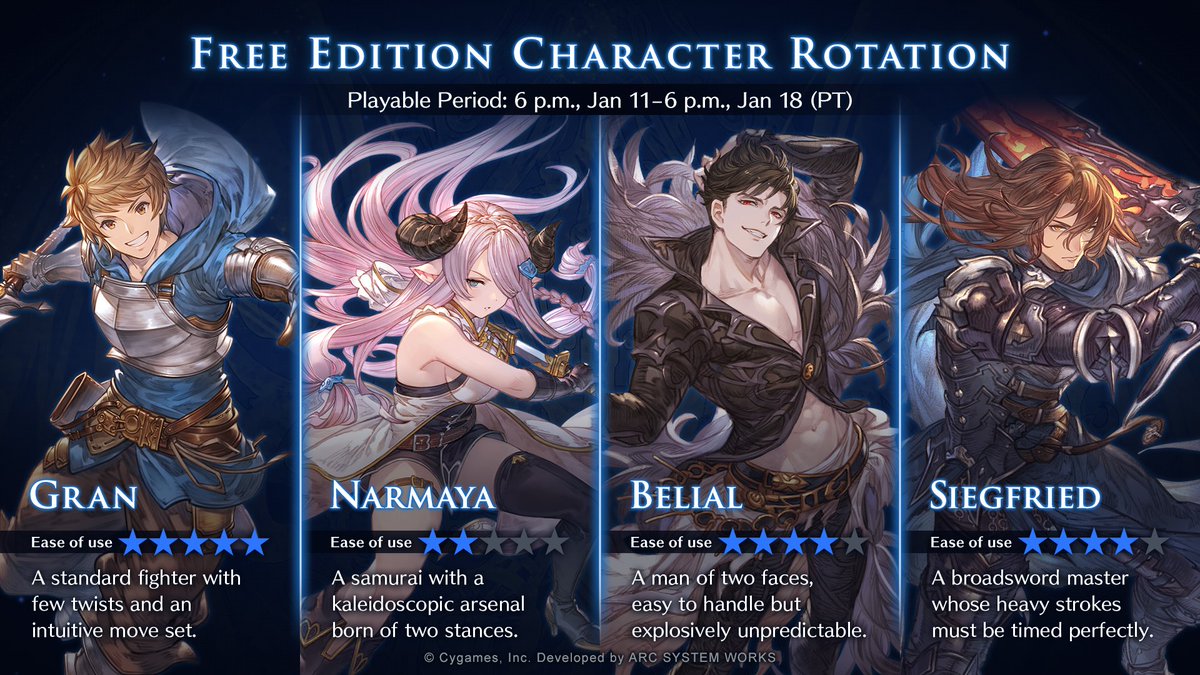 gbvs_official's tweet photo. Free Edition enjoyers, here is your playable character lineup for the next week in #GBVSR from Jan 11 (PT):

🔹 Gran
🔹 Narmaya
🔹 Belial
🔹 Siegfried

Fly solo in Arcade or Training Mode, or battle other players online—all for free! https://t.co/s3hMhzzP6u