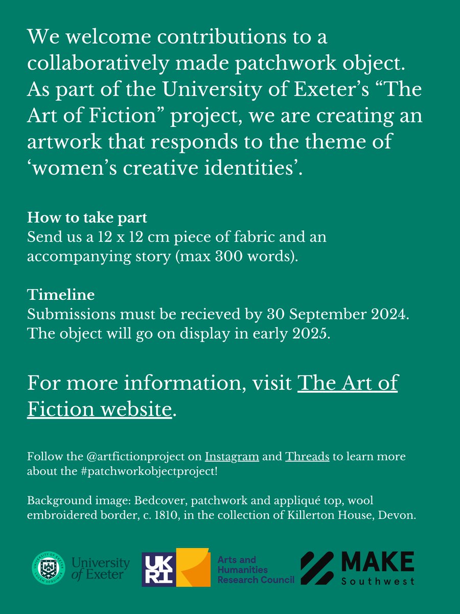 UniofExeterCVS's tweet image. Calling #crafters! "The Art of Fiction" project @UniofExeter is investigating #Victorian #womenartists - to deepen our understanding of their world, they are creating a collaboratively-sourced work of art - and invite you to contribute! To learn more: artfiction.exeter.ac.uk/get-involved/