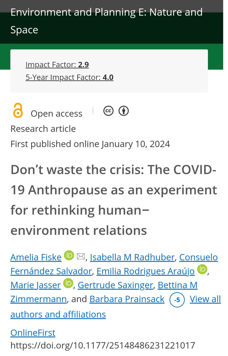 Our new paper is out! 🎊Don’t waste the crisis: The COVID-19 Anthropause as an experiment for rethinking human–environment relations🎊 Led by A. Fiske, with @IRadhuber, C. Fernández-S., E. R. Araújo, @MarieJasser, G. Saxinger, @bettizimm & @BPrainsack 👉🏽journals.sagepub.com/doi/10.1177/25…