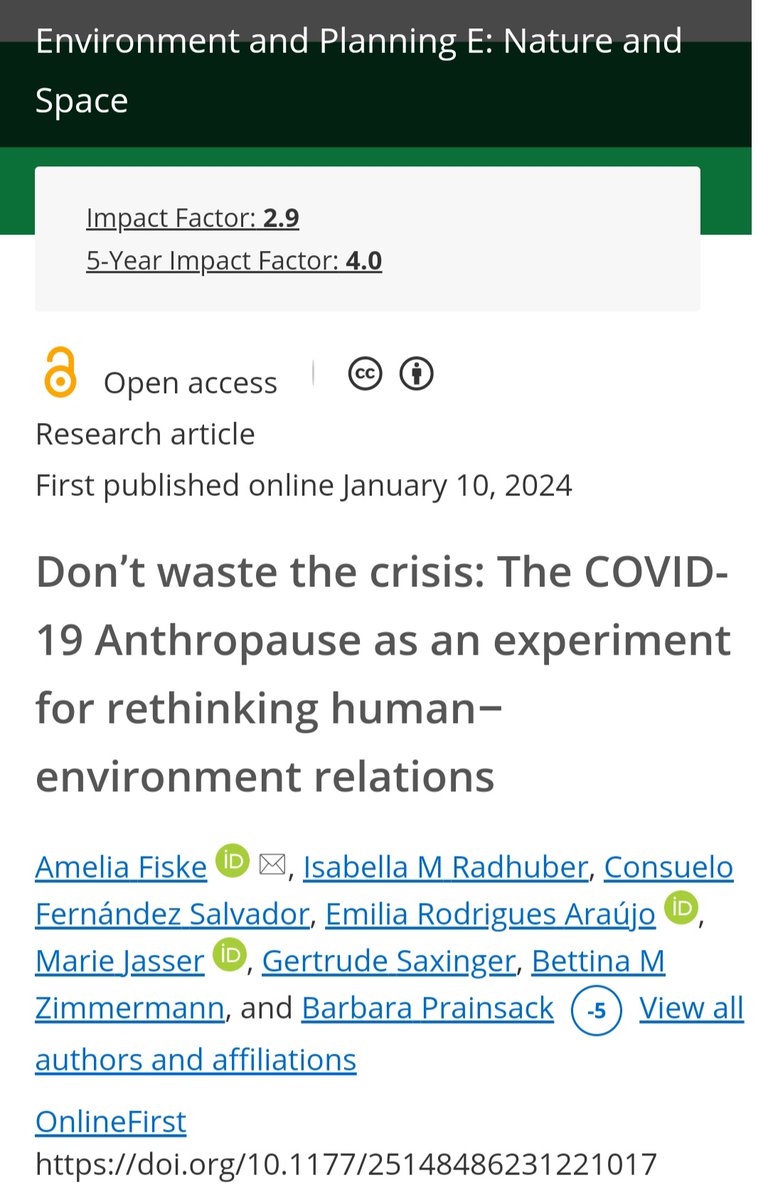 Isabella Radhuber (@iradhuber) on Twitter photo Our new paper is out! 🎊Don’t waste the crisis: The COVID-19 Anthropause as an experiment for rethinking human–environment relations🎊 Led by A. Fiske, with <a href="/IRadhuber/">Isabella Radhuber</a>, C. Fernández-S., E. R. Araújo, @MarieJasser, G. Saxinger, <a href="/bettizimm/">Bettina Zimmermann</a> & <a href="/BPrainsack/">Barbara Prainsack (@bprainsack@c.im)</a> 👉🏽journals.sagepub.com/doi/10.1177/25… Our new paper is out! 🎊Don’t waste the crisis: The COVID-19 Anthropause as an experiment for rethinking human–environment relations🎊 Led by A. Fiske, with <a href="/IRadhuber/">Isabella Radhuber</a>, C. Fernández-S., E. R. Araújo, @MarieJasser, G. Saxinger, <a href="/bettizimm/">Bettina Zimmermann</a> & <a href="/BPrainsack/">Barbara Prainsack (@bprainsack@c.im)</a> 👉🏽journals.sagepub.com/doi/10.1177/25…