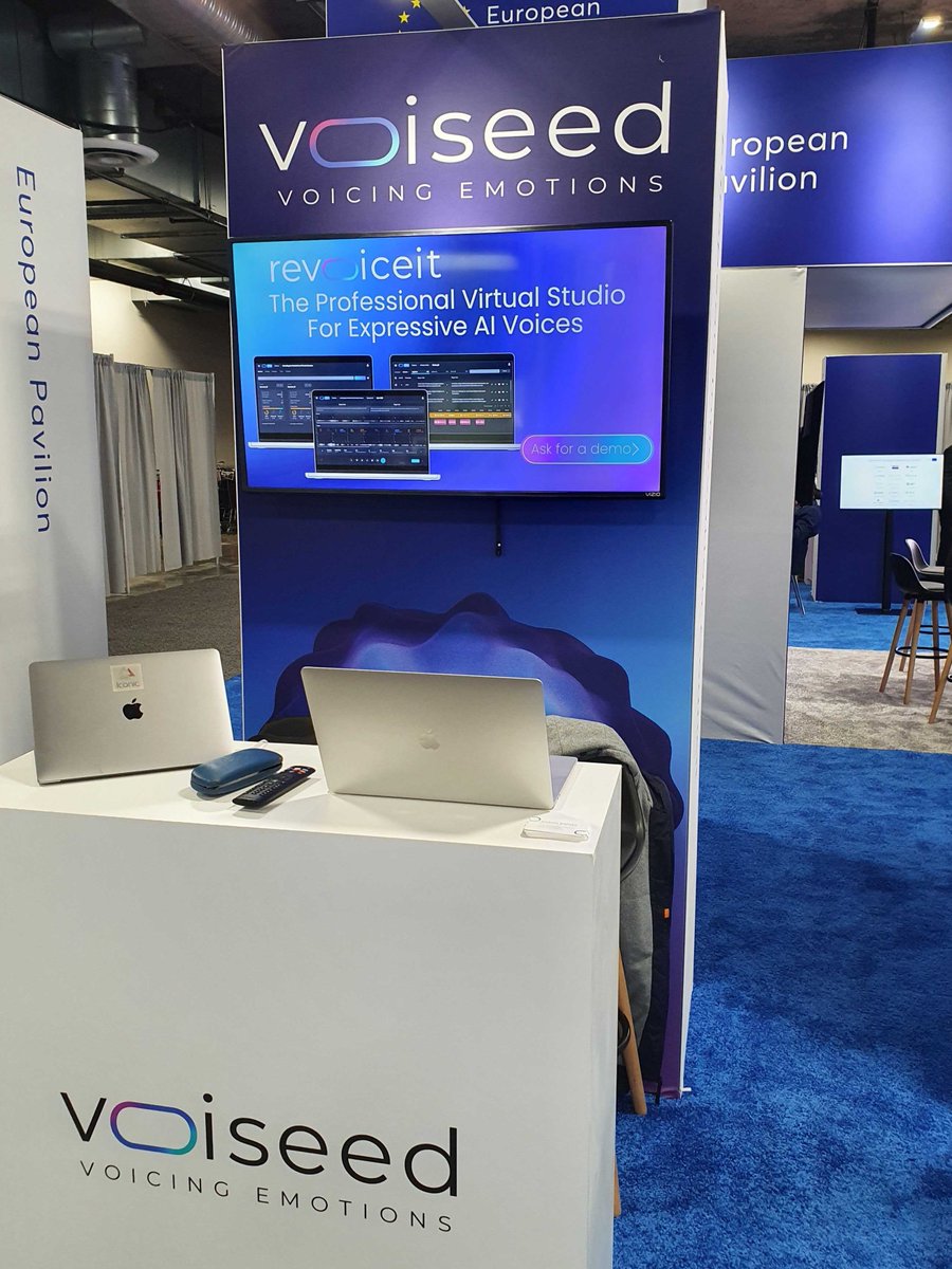 VOISEED_AI's tweet photo. Are you at #CES? Visit Booth 62857 - Meet Andrea and Páraic and witness live demos of #Revoiceit - the professional virtual studio for expressive AI voices.
#voiseed #revoiceit #CES24 #event #AI #generativeAI #tech #startup #booth #EU #EIC #EUatCES https://t.co/dUMffJdcfL