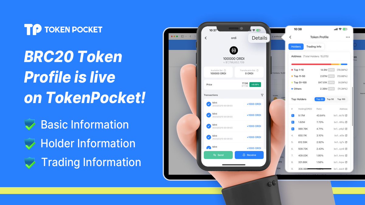 TokenPocket_TP's tweet photo. 🆕BRC20 Token Profile is live on #TokenPoket!
📱Simply open your TokenPocket Bitcoin Wallet, click " $ORDI ", then select "Details" to access the Token Profile.
Effortlessly gather comprehensive information about #BRC20 tokens in one place!
👉https://t.co/SmMsHMYLl3