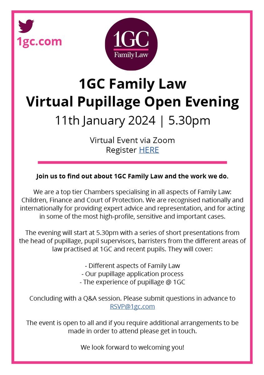 There is still time to register for the 1GC Family Law pupillage open evening taking place at 5.30pm today via Zoom.  

The registration link is here: 1gc.zoom.us/webinar/regist…

#pupillage