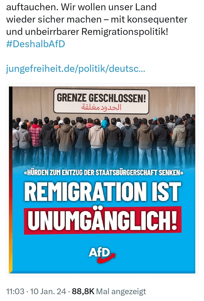 AnAudretsch's tweet photo. Die #AfD reagiert auf das Treffen zu Säuberung u. #Deportation - mit begeisterter Zustimmung.
Weidel & Co. fordern völlig offen "Passentzug", "konsequente #Remigration". Millionenfach.
Die AfD will #Faschismus. Unsere demokrat. Grundordnung abschaffen. Alle sehen u. wissen es! https://t.co/Lj5XMPF7gO