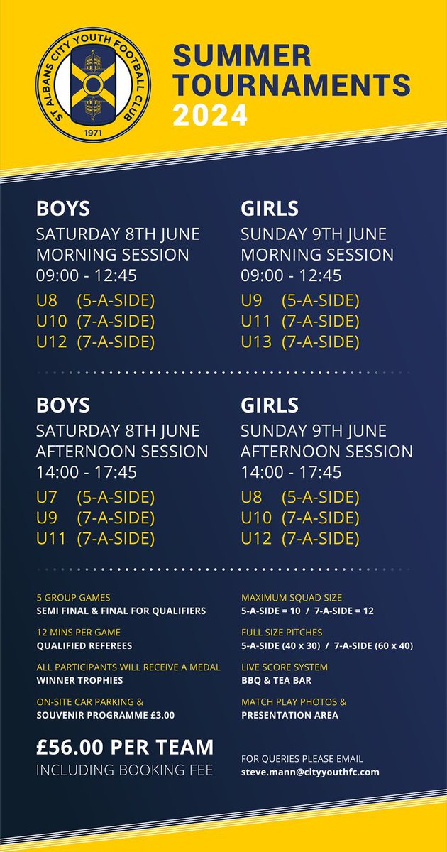 🟡 <a href="/CityYouthFC/">St Albans City Youth</a> 2024 Summer Tournaments🔵
⚽️UPDATE⚽️
Most sections 💥SOLD OUT💥 

AVAILABILITY 

Boys - 2️⃣Spaces at U7️⃣

U7️⃣ Boys managers pls 📧
Steve.mann@cityyouthfc.com

<a href="/HarvestersFC/">Harvesters FC</a> 
<a href="/PottersBarUTD/">Potters Bar United</a> 
<a href="/HemelTownYthFC/">Hemel Hempstead Town Youth FC</a> 
<a href="/BerkhamstedR/">Berkhamsted Raiders</a> 
<a href="/WormleyRoversFC/">Wormley Rovers FC</a> 
<a href="/wareyouthfc/">Ware Youth FC</a>