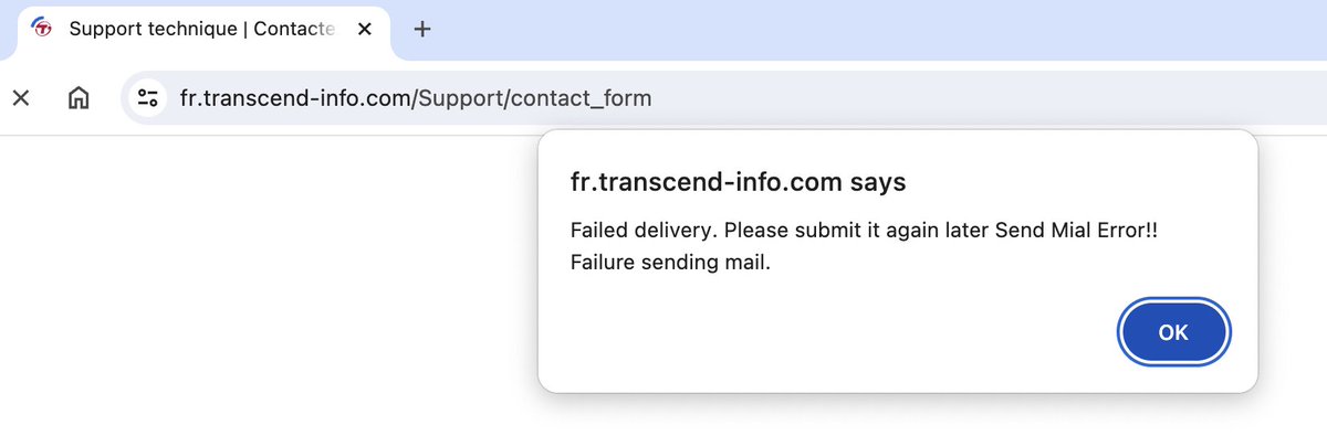 Clemelo's tweet photo. @Transcend_Fra Hi guys, I'm unable to submit a support request on your website. Here's the message error. I've tried several times using various browsers. Thanks in advance for your help https://t.co/iTNQX4pV0n