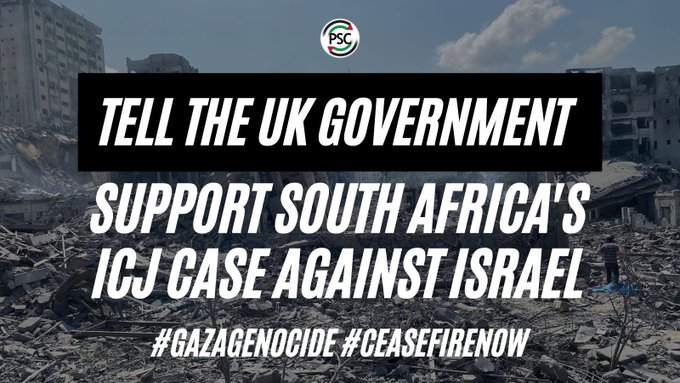 As a signatory to the UN Convention on Genocide, the British gov must take actions to prevent and punish genocide. In the short term, at the very least, it should be supporting a comprehensive #CeasefireNOW. 

Use our template letter to write your MP: palestinecampaign.eaction.online/ICJ