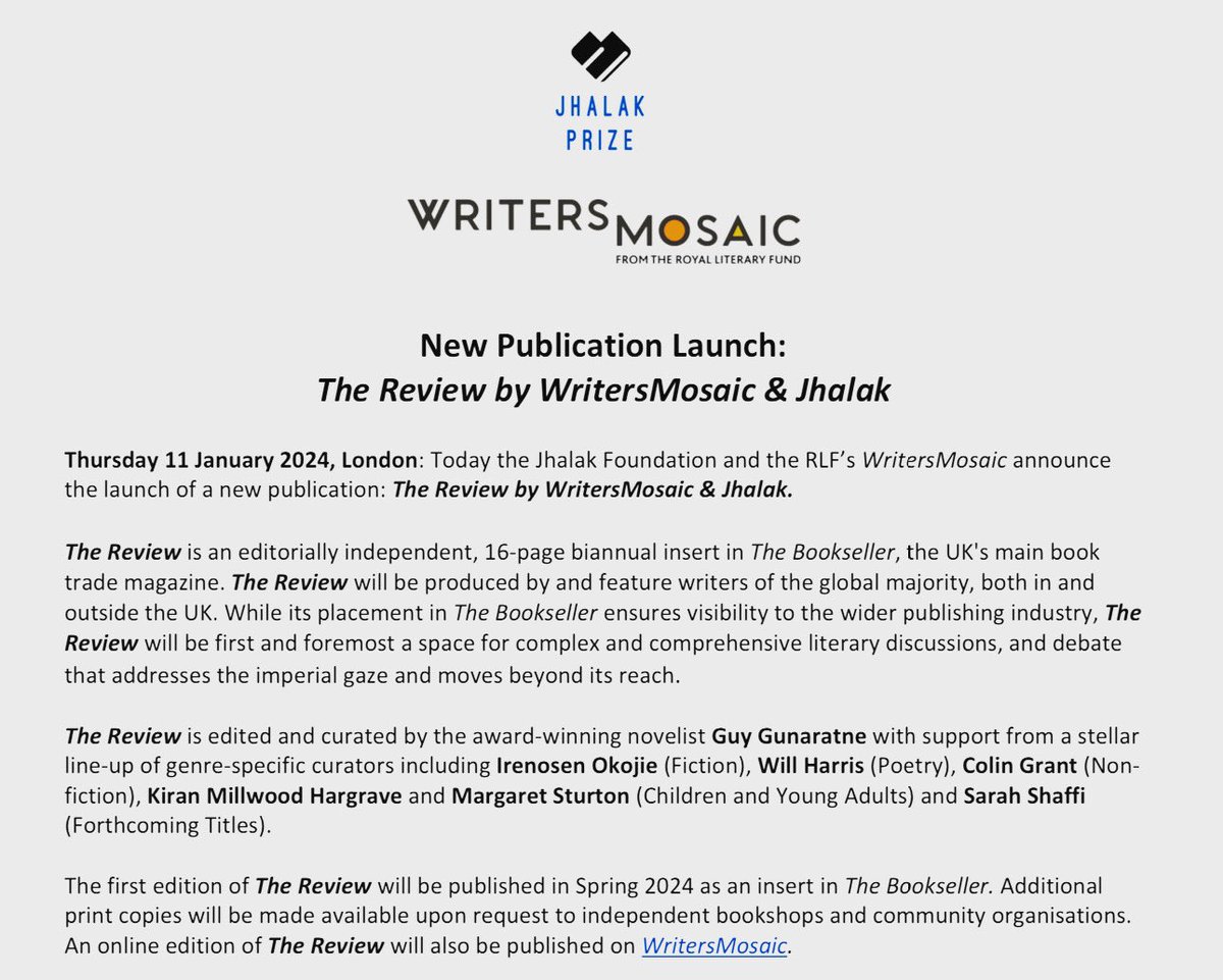 Excited to announce #TheReview by @writersmosaic and Jhalak, a new publication by writers of the global majority about great writing from the global majority. To be published twice a year as an insert in @thebookseller by an extraordinary team of curators, reviewers and writers.