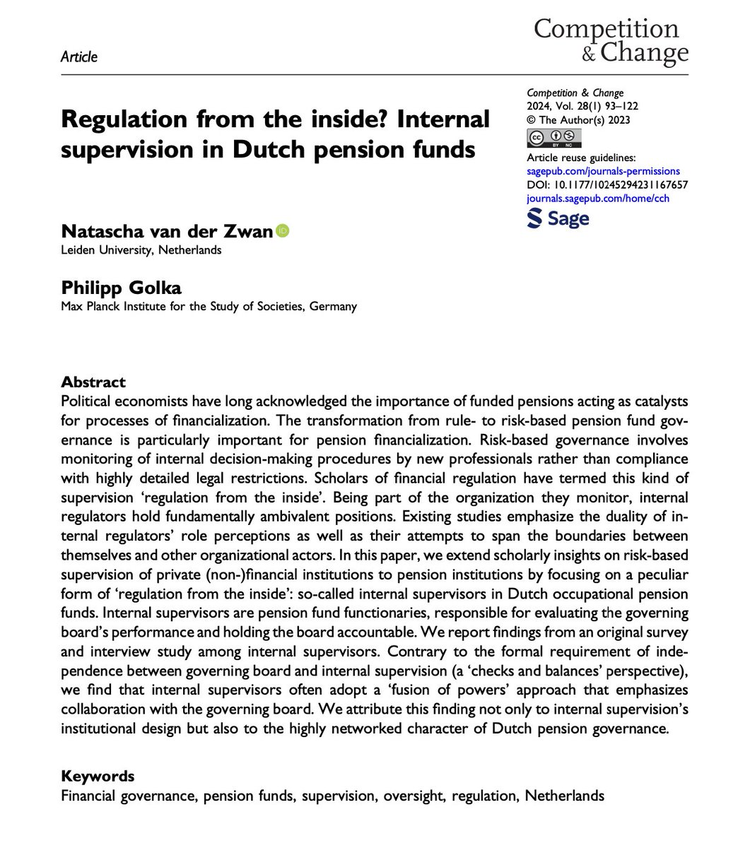 Our paper with @NataschaZwan in @CompChange on regulation, governance & power *within* large Dutch pension funds now has a volume & issue number. journals.sagepub.com/doi/full/10.11…